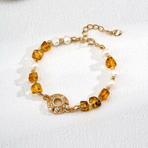 ☀️ Artisan Original Design Genuine Amber & Pearl Sun Medallion Bracelet | S925